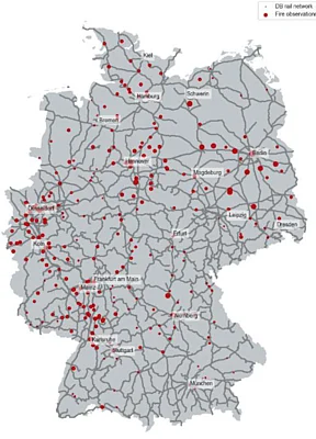räumliche Verteilung der gemeldeten Böschungsbrände der DB (März bis Oktober 2017 bis 2022)