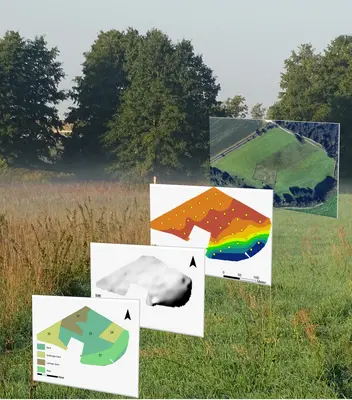 Etablierung einer standortangepassten Schnittfrequenz im Grünland vor einer Landschaft werden Grafiken mit Aufnahmen in verschiedenen Versionen dieser Landschaft gezeigt.