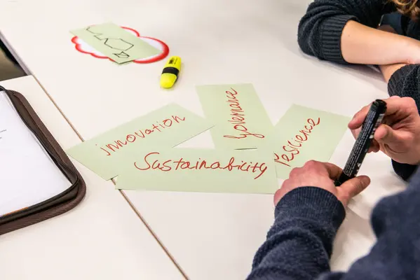 Moderation cards Zwei Hände halten einen Stift. Vor ihnen liegen vier Moderationskarten mit den Worten Innovation, Nachhaltigkeit, Governance, Resilienz.