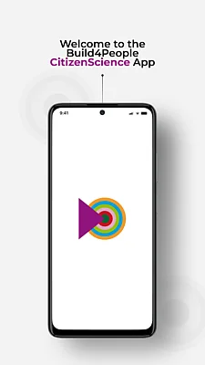 Build4People CitizenScience App Das Bild zeigt ein Smartphone mit dem Logo des Build4People Projektes. Es zwigt die Build4People CitizenScienceApp