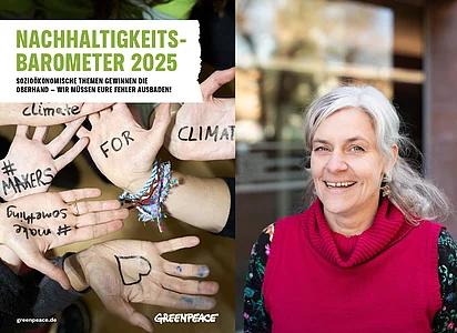 Links Titelblatt des Greenpeace Nachhaltigkeitsbarometers, rechts Prof. Dr. Sonja Geiger