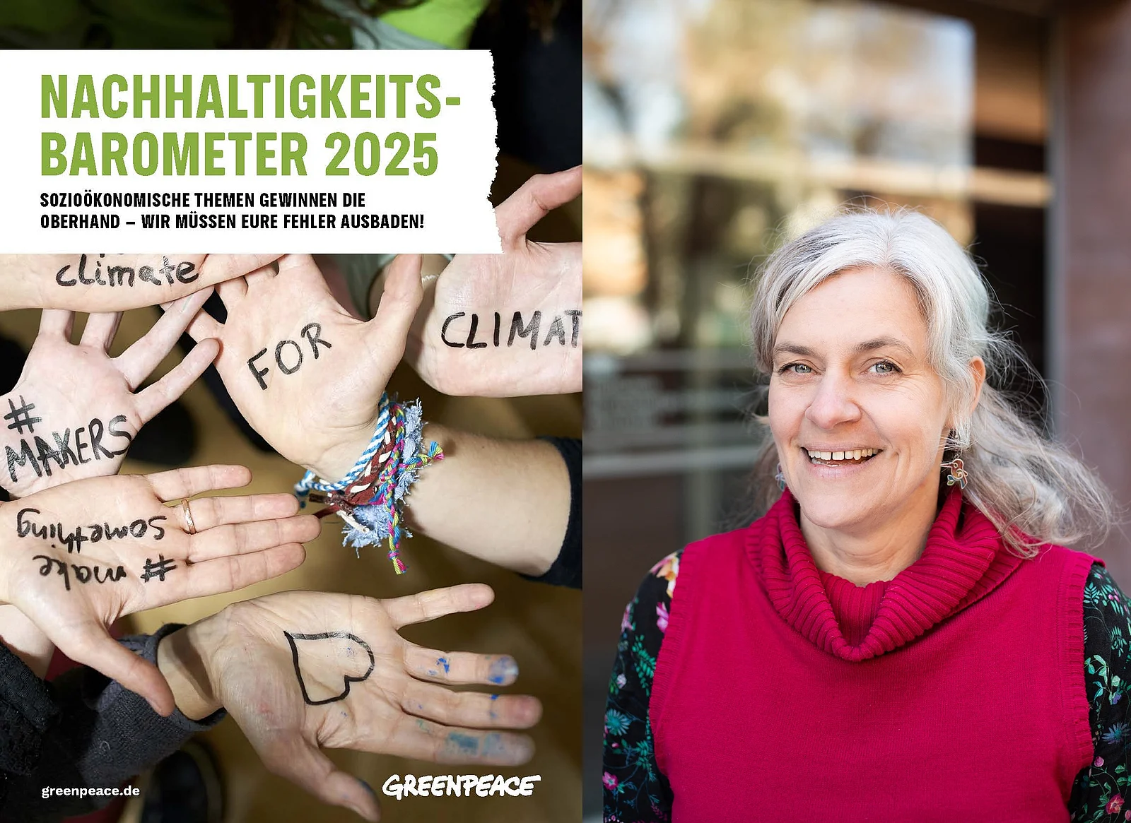 Titelblatt des Greenpeace-Nachhaltigkeitsbarometers, rechts Prof. Dr. Sonja Geiger