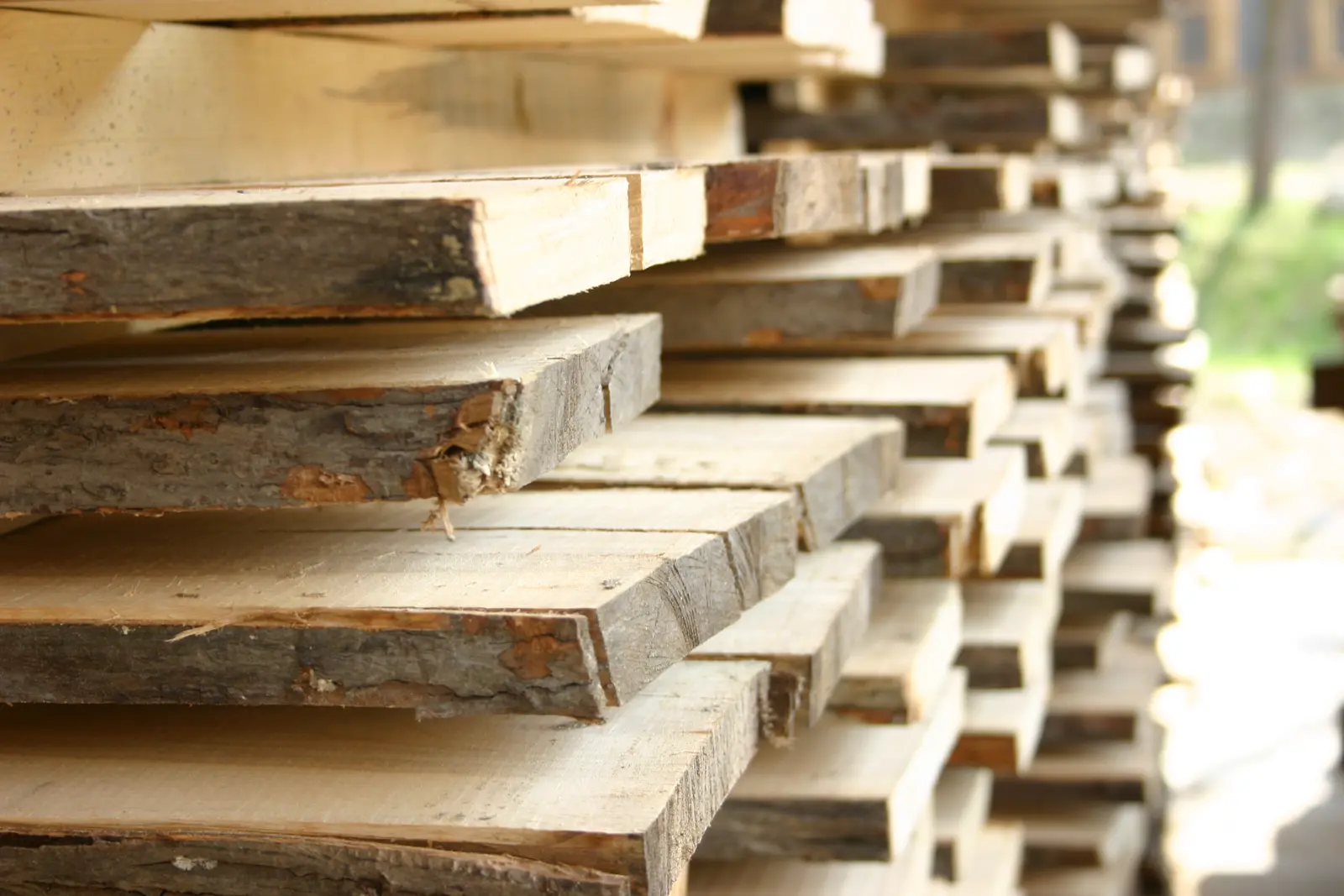 Stapel Sägeholz Gezeigt wird ein Stapel gesägter Bretter aus Buchenholz mit Rinde.