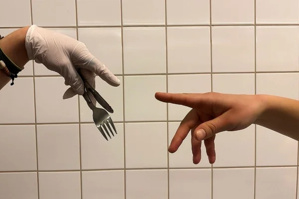 Zweiter Platz im Fotowettbewerb des Moduls „Studienpartner Ökobranche“ Foto von zwei Händen vor einer Küchenwand im Stil des berühmten Gemäldes von Michelangelo („Die Erschaffung Adams“). Entstand im Rahmen des Moduls „Studienpartner Ökobranche“ (2. Fachsemester).