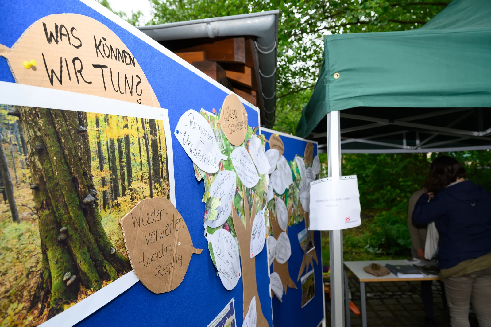 Stand bei den Nachhaltigkeitstagen 2019 Zwei Stellwände stehen neben einem Messestand. Im Hintergrund sind Bäume zu sehen. Auf der Stellwand im Vordergrund kann man „Was können wir tun?“ lesen. Daneben sind angepinnte Bilder und Moderationskarten mit konkreten Ideen zu sehen.
