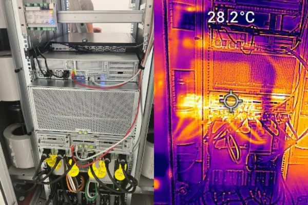 KIN'L Hardware and Heatmap On the left is a view into the server, on the right is an infrared image showing the heat emission